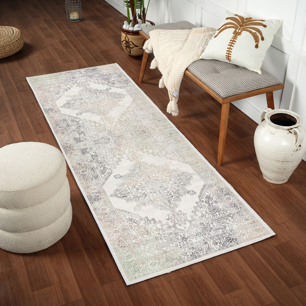 CEREN Vintage Traditional Oriental Boho Light Brown/Medium Grey Area Rug Roomscene
