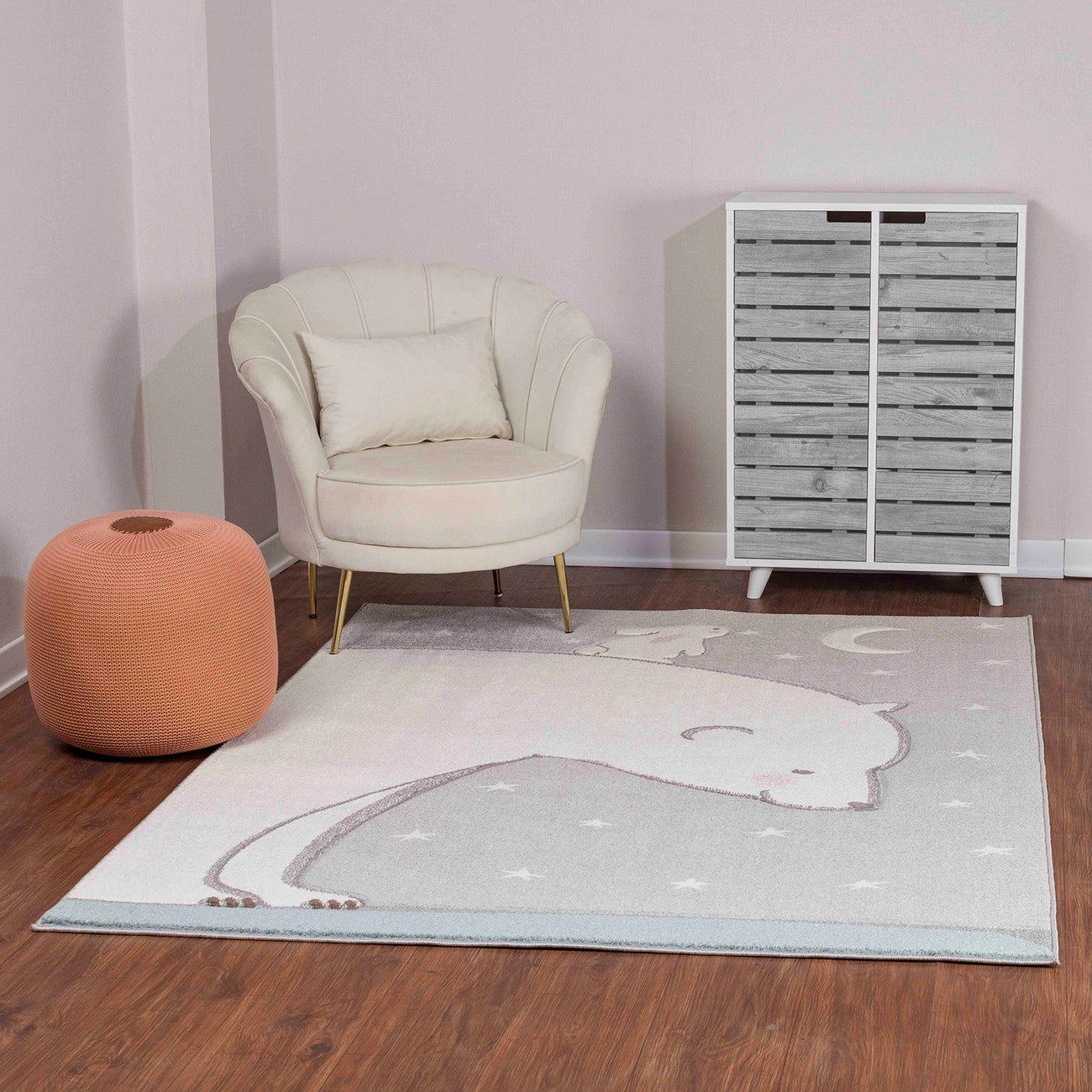 CLOUDY TEDDY Modern White/Grey Kids Room Rug Roomscene