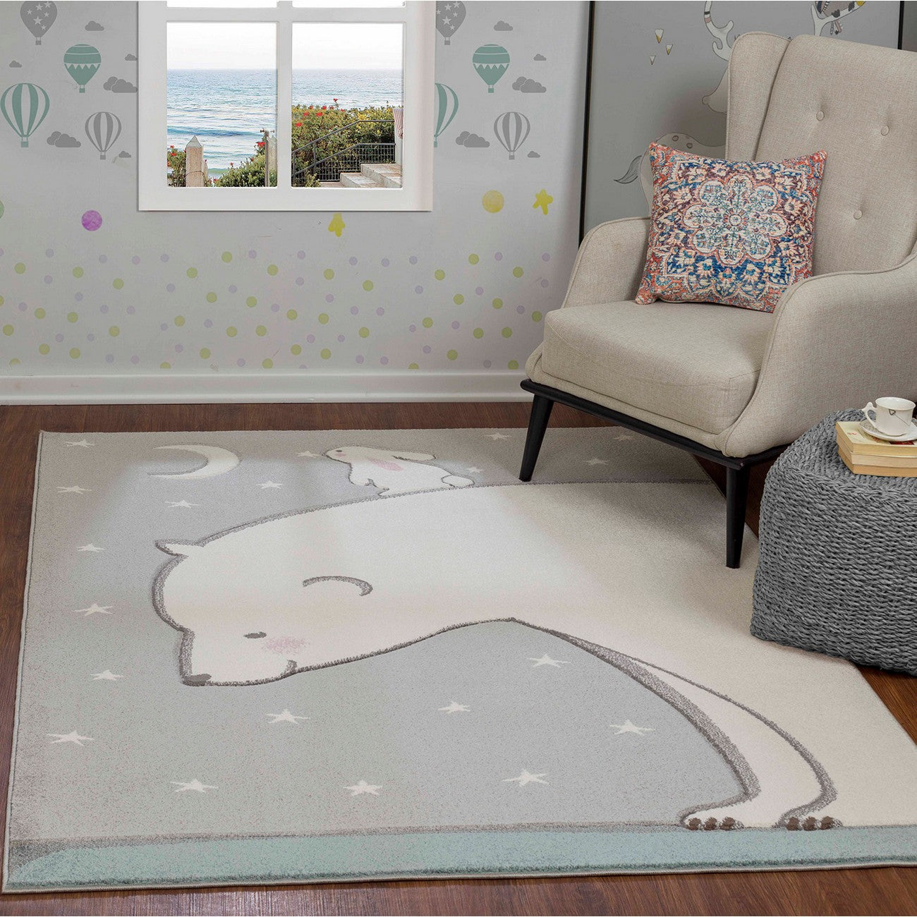 CLOUDY TEDDY Modern White/Grey Kids Room Rug Roomscene