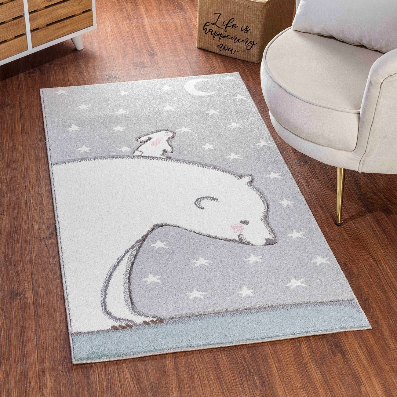 CLOUDY TEDDY Modern White/Grey Kids Room Rug Roomscene