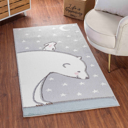 CLOUDY TEDDY Modern White/Grey Kids Room Rug Roomscene