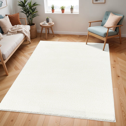 CLAIRE Round Shaggy Solid Color Plush Pile Off-White Area Rug Roomscene