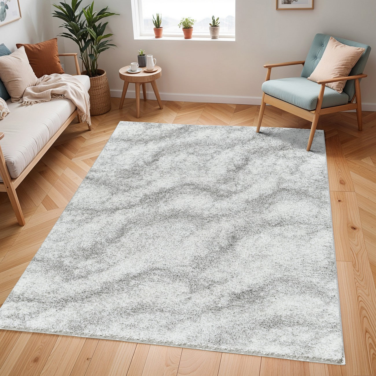 MARINA Round Shaggy Solid Color Plush Pile Grey Area Rug Roomscene