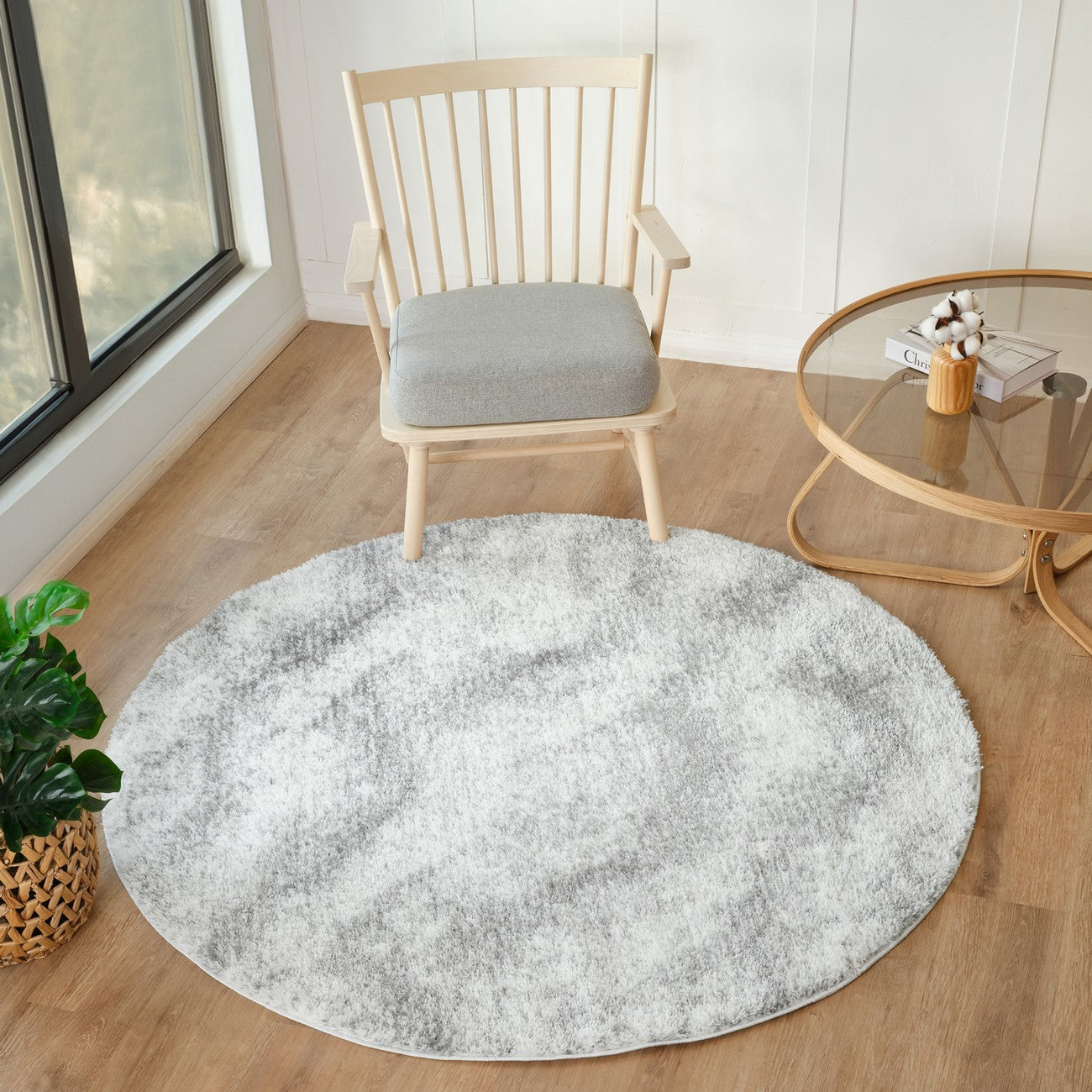 MARINA Round Shaggy Solid Color Plush Pile Grey Area Rug Roomscene