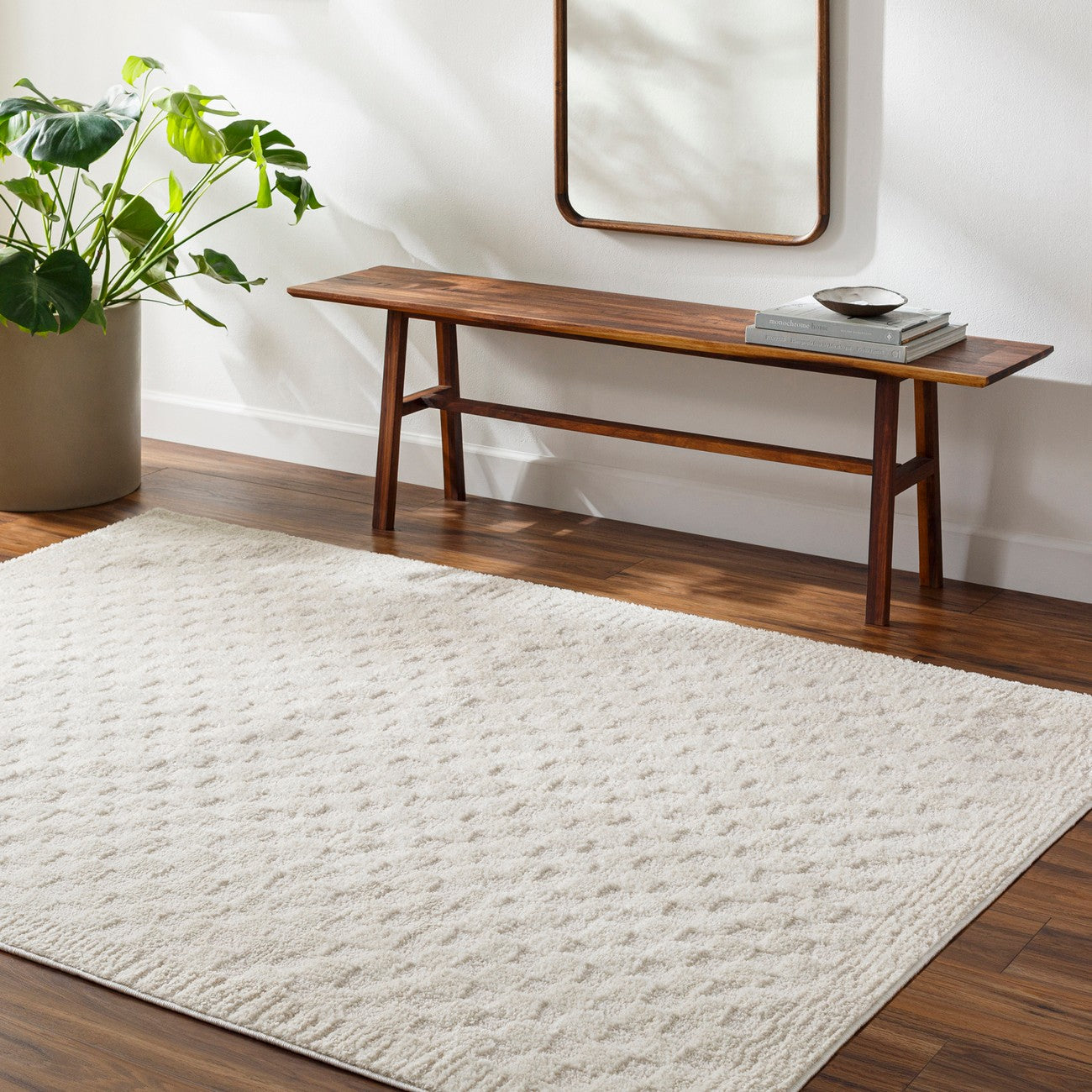 EKTA Scandi Modern High Pile Ivory/Off-White Checkered Area Rug