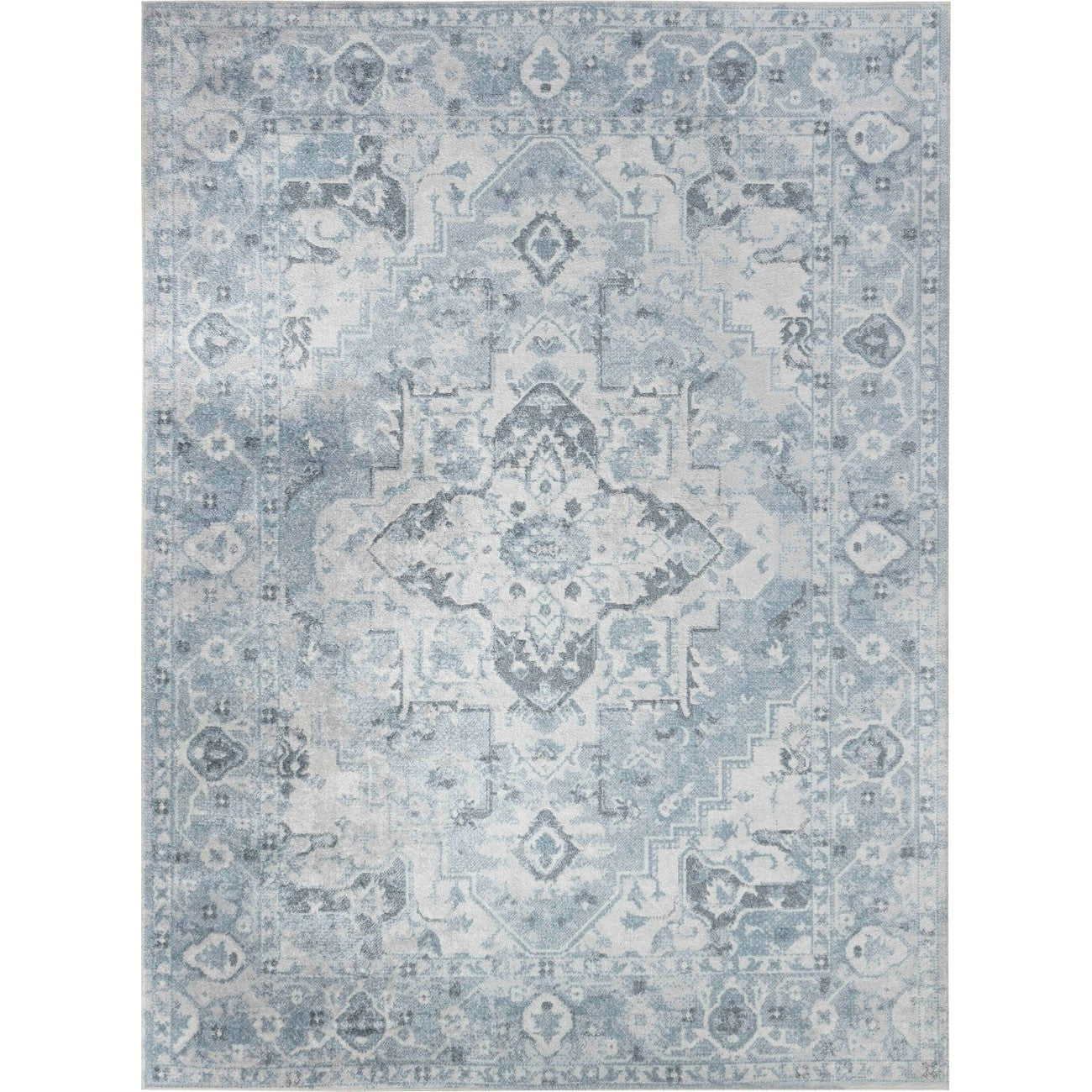 ELSA Machine Washable Traditional Boho Denim Blue Area Rug Flat