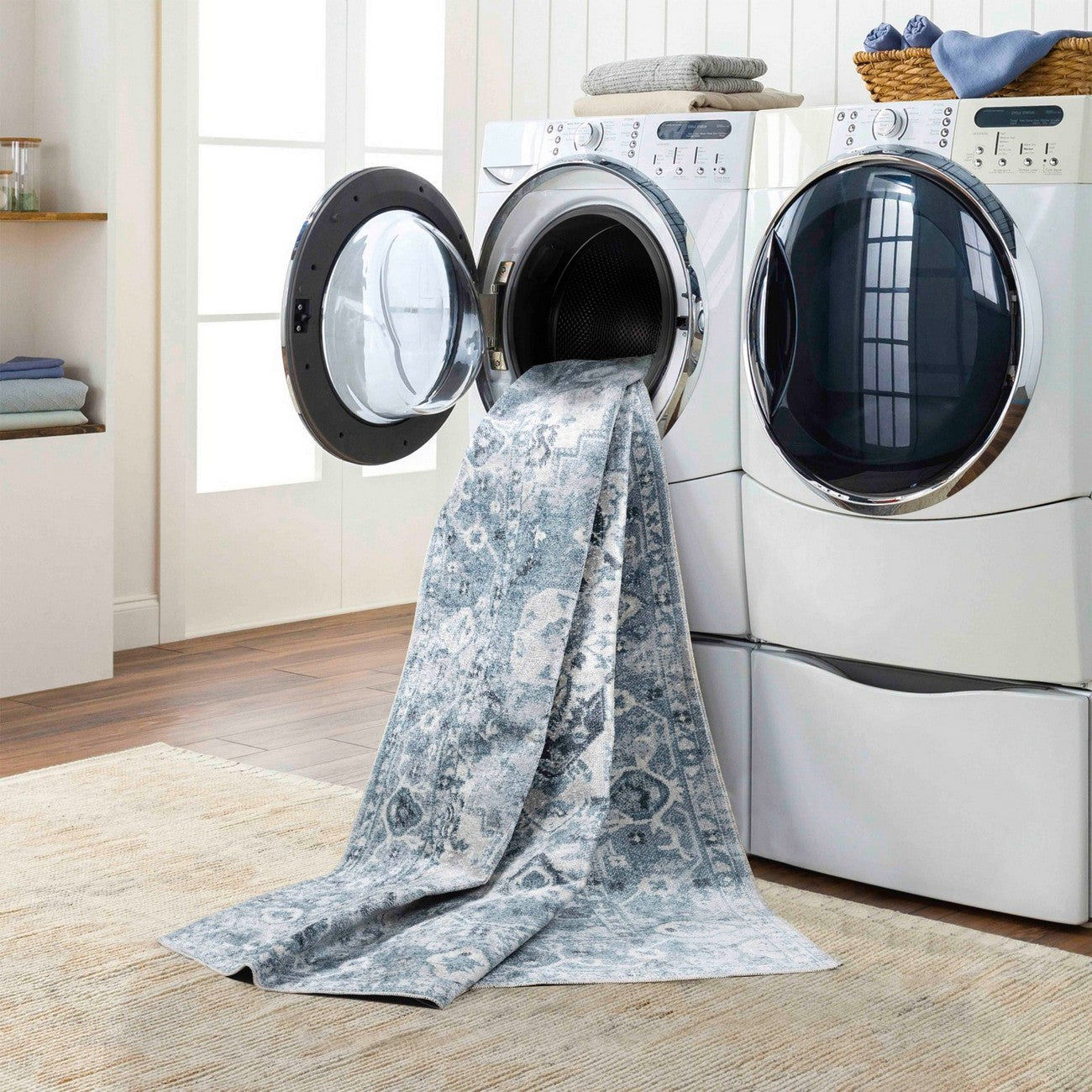 ELSA Machine Washable Traditional Boho Denim Blue Area Rug Styleshot