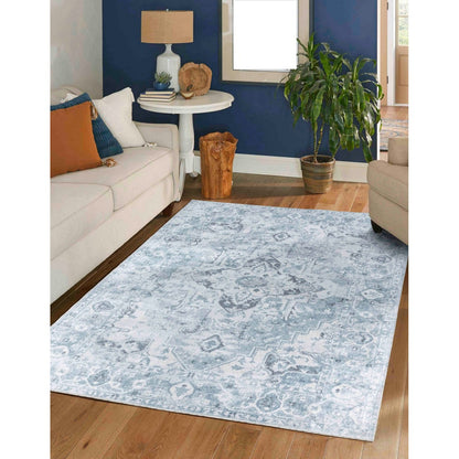 ELSA Machine Washable Traditional Boho Denim Blue Area Rug Roomscene