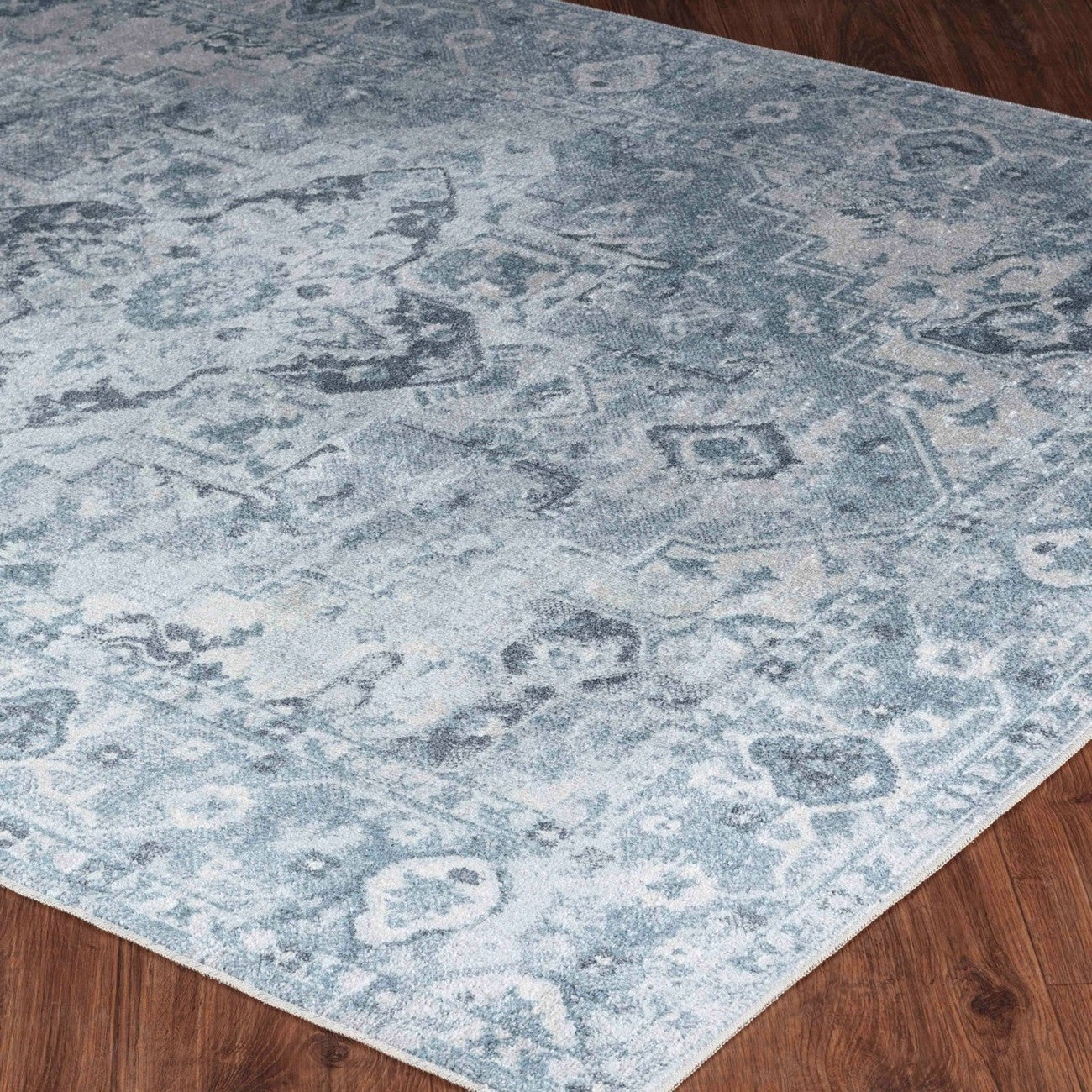 ELSA Machine Washable Traditional Boho Denim Blue Area Rug Corner