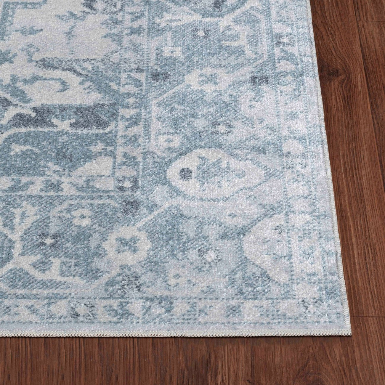 ELSA Machine Washable Traditional Boho Denim Blue Area Rug Front