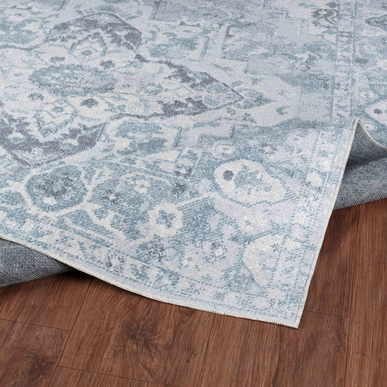 ELSA Machine Washable Traditional Boho Denim Blue Area Rug Fold