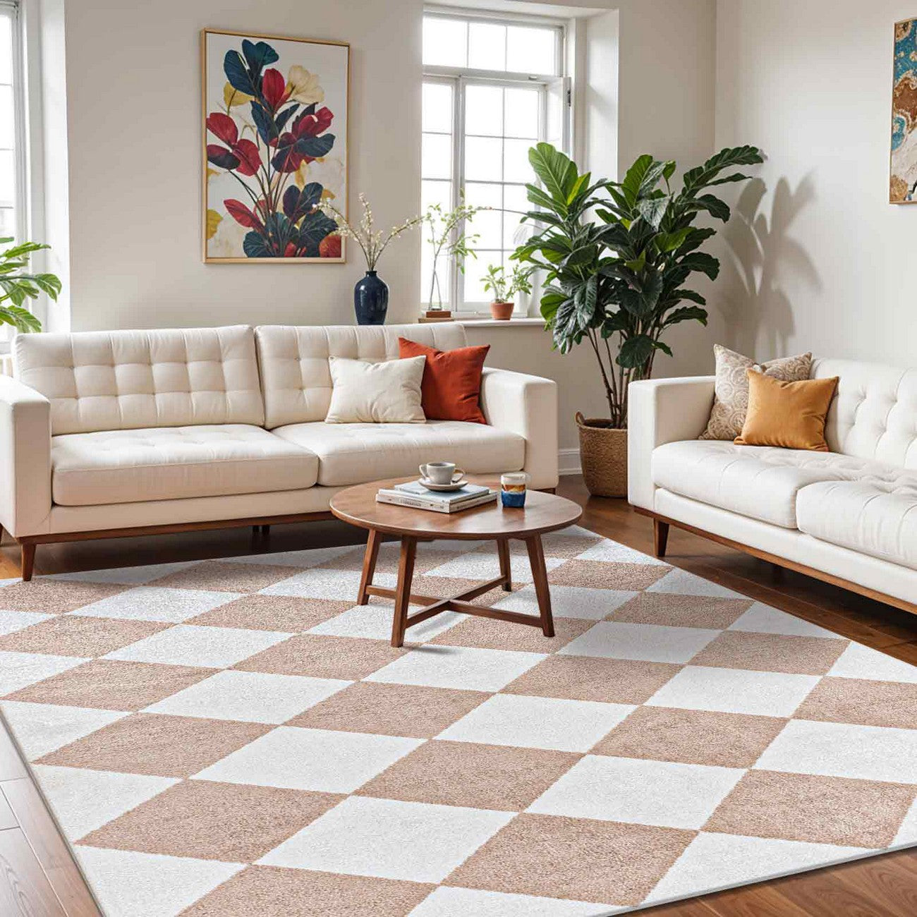 GHISLAINE Machine Washable Modern Boho Diamond Light Brown Area Rug Roomscene