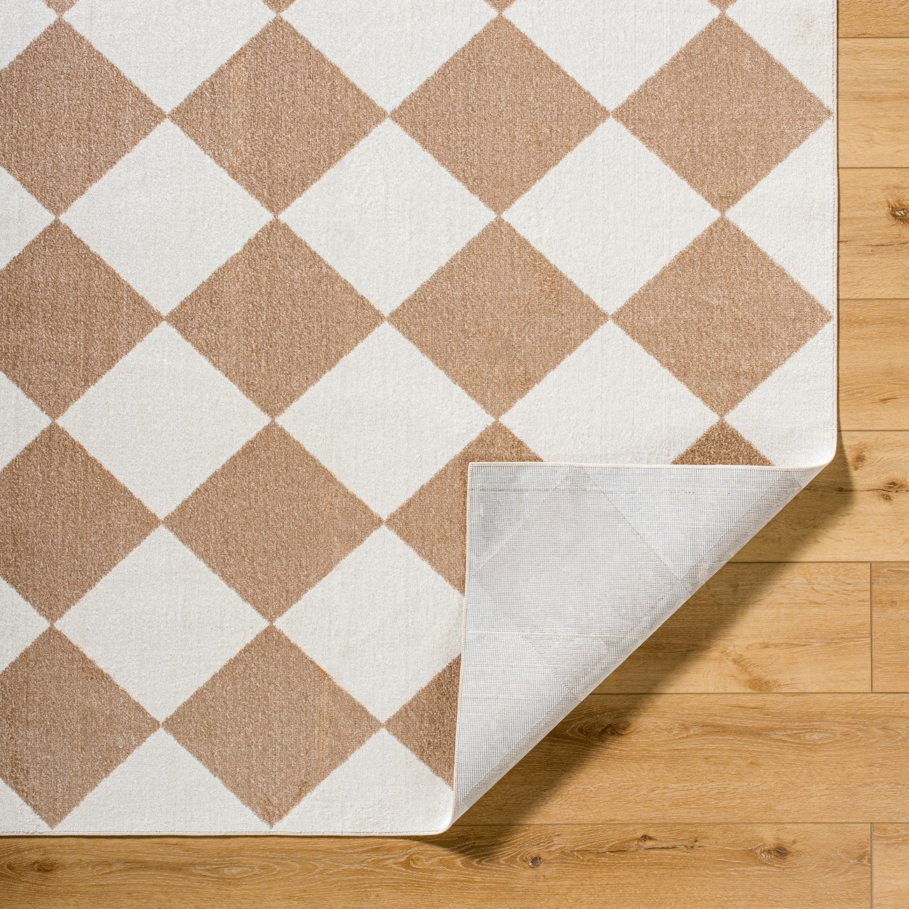 GHISLAINE Machine Washable Modern Boho Diamond Light Brown Area Rug Fold