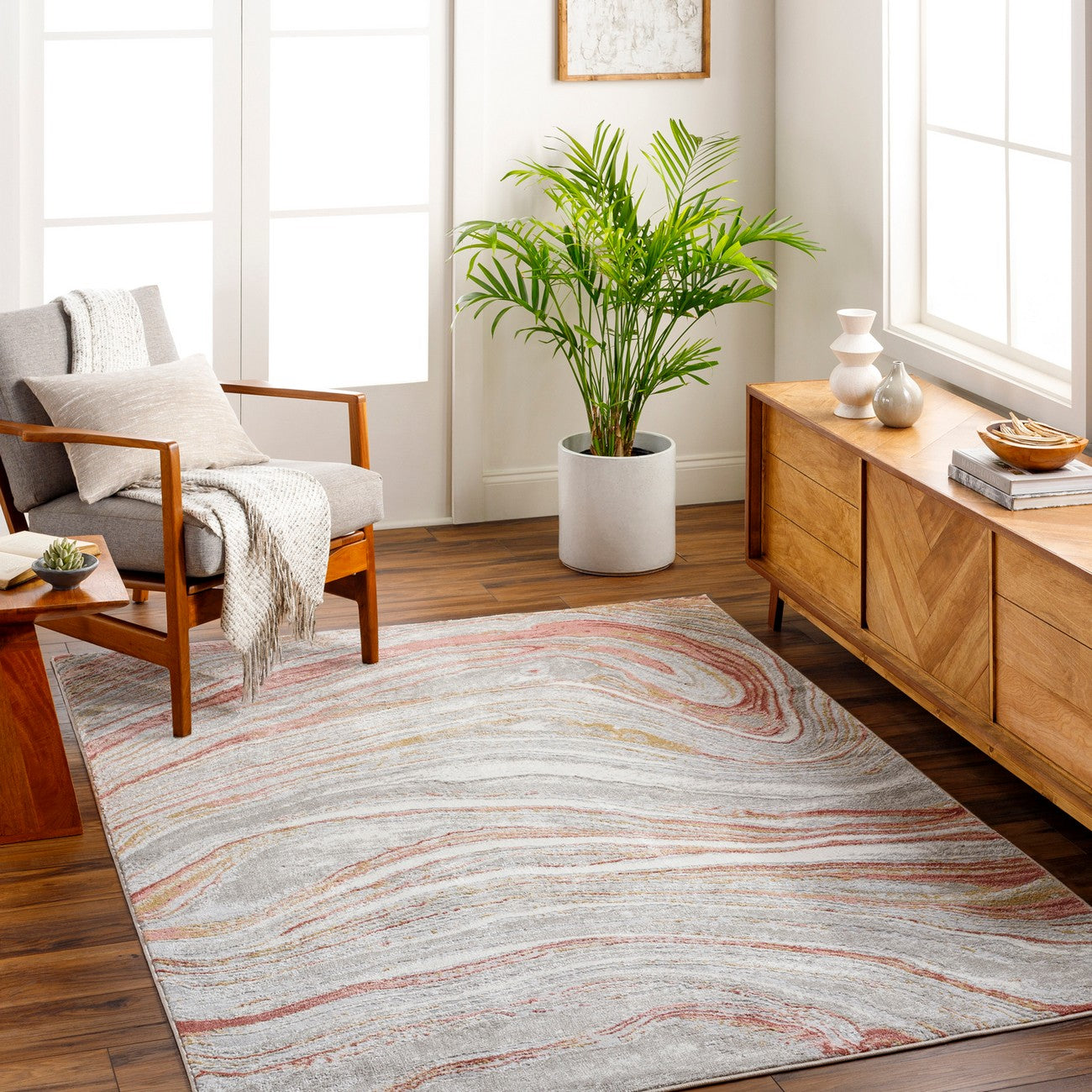 GLENDY Abstract Modern Marble Coral/Beige Area Rug Roomscene