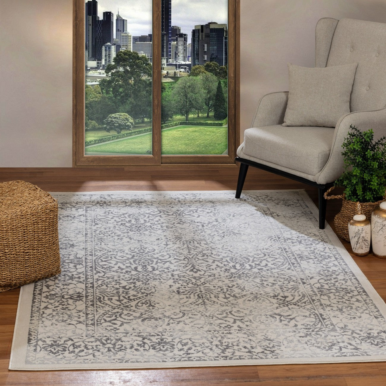 HAZEL Vintage Traditional Oriental Boho Grey/Ivory Area Rug Roomscene
