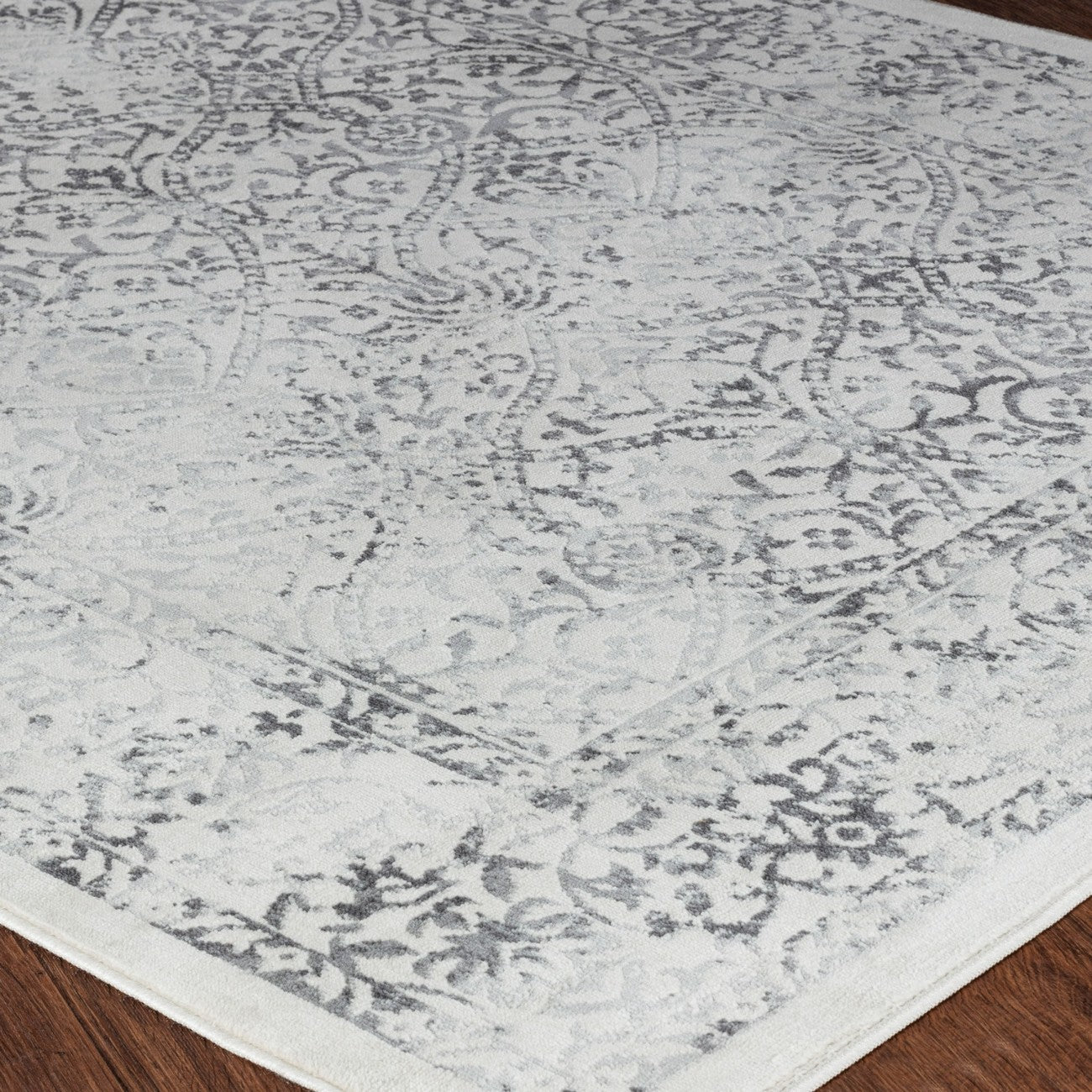 HAZEL Vintage Traditional Oriental Boho Grey/Ivory Area Rug Corner