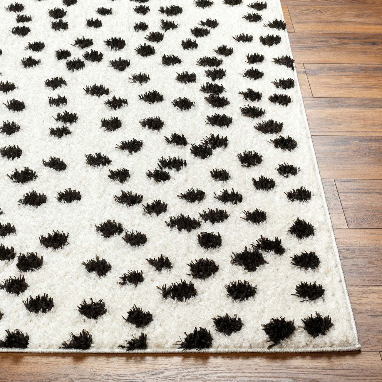 HEKUBA Shaggy Modern Plush Pile Black/Ivory Polka Dot Area Rug 2347 Front