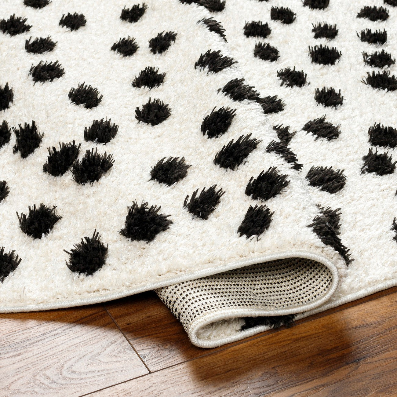 HEKUBA Shaggy Modern Plush Pile Black/Ivory Polka Dot Area Rug 2347 Fold