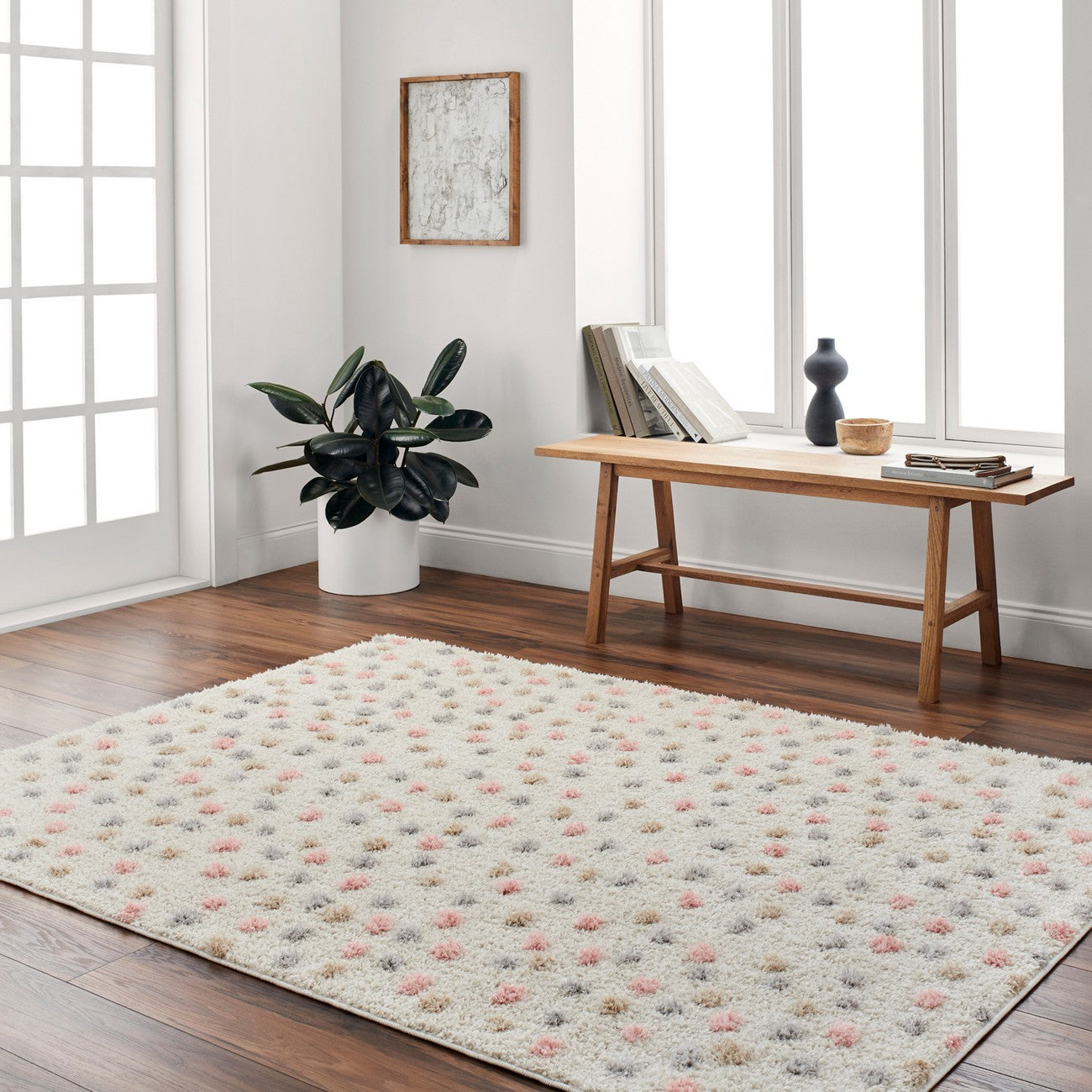 HEKUBA Shaggy Modern Plush Pile Black/Ivory Polka Dot Area Rug 2348 Roomscene