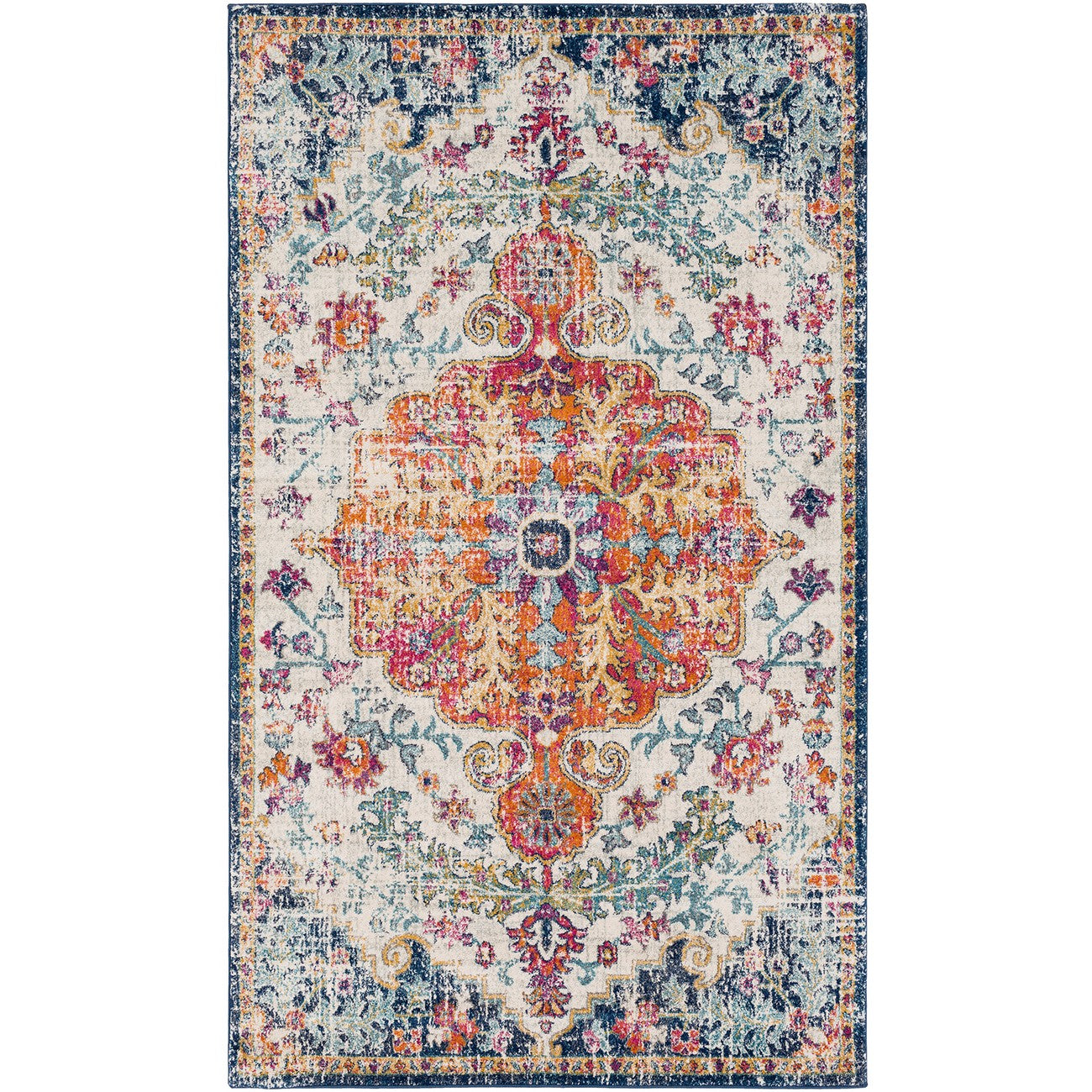 LOU Vintage Oriental Boho Saffron/Navy Area Rug Flat