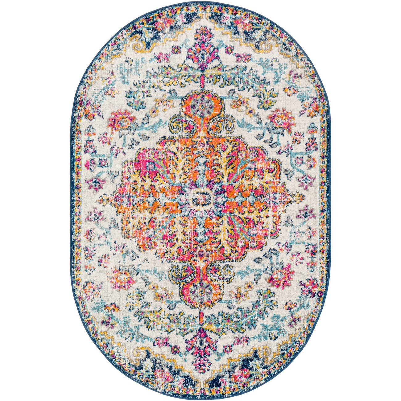 LOU Vintage Oriental Boho Saffron/Navy Area Rug Flat