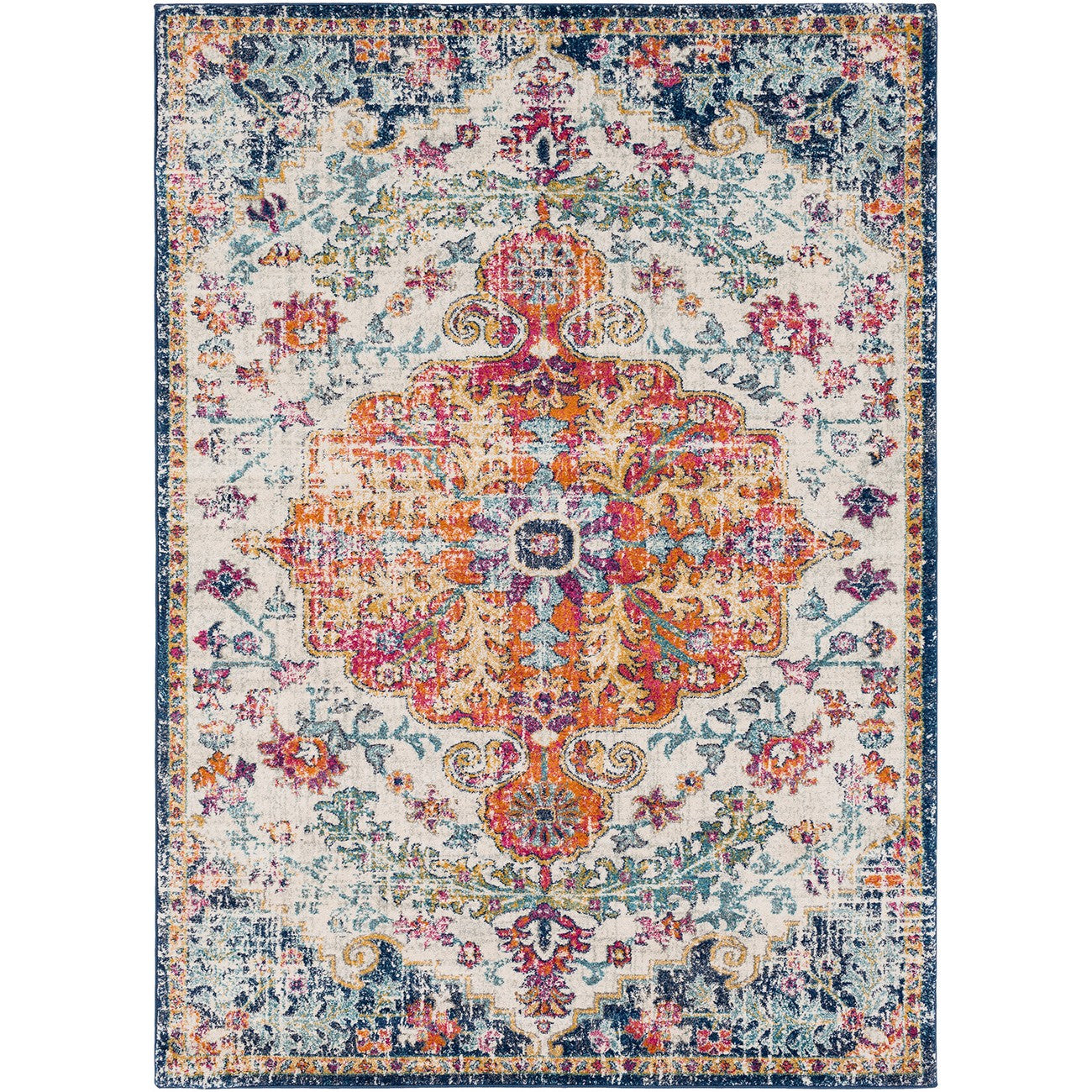 LOU Vintage Oriental Boho Saffron/Navy Area Rug Flat