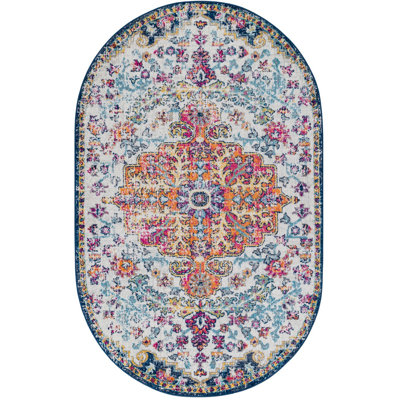 LOU Vintage Oriental Boho Saffron/Navy Area Rug Flat
