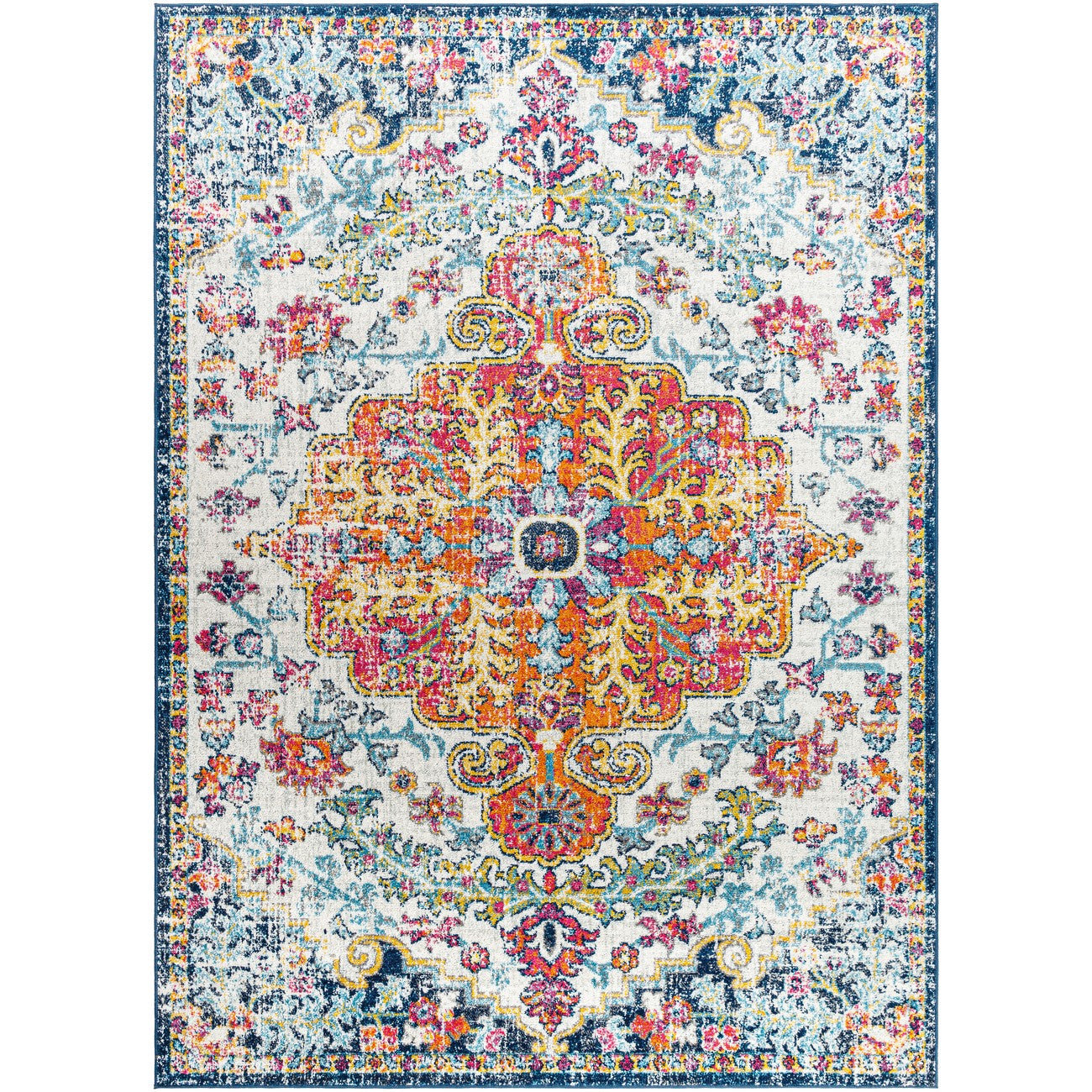 LOU Vintage Oriental Boho Saffron/Navy Area Rug Flat