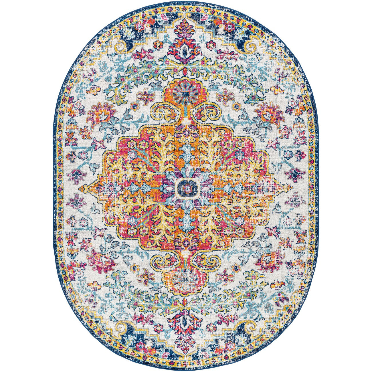 LOU Vintage Oriental Boho Saffron/Navy Area Rug Flat