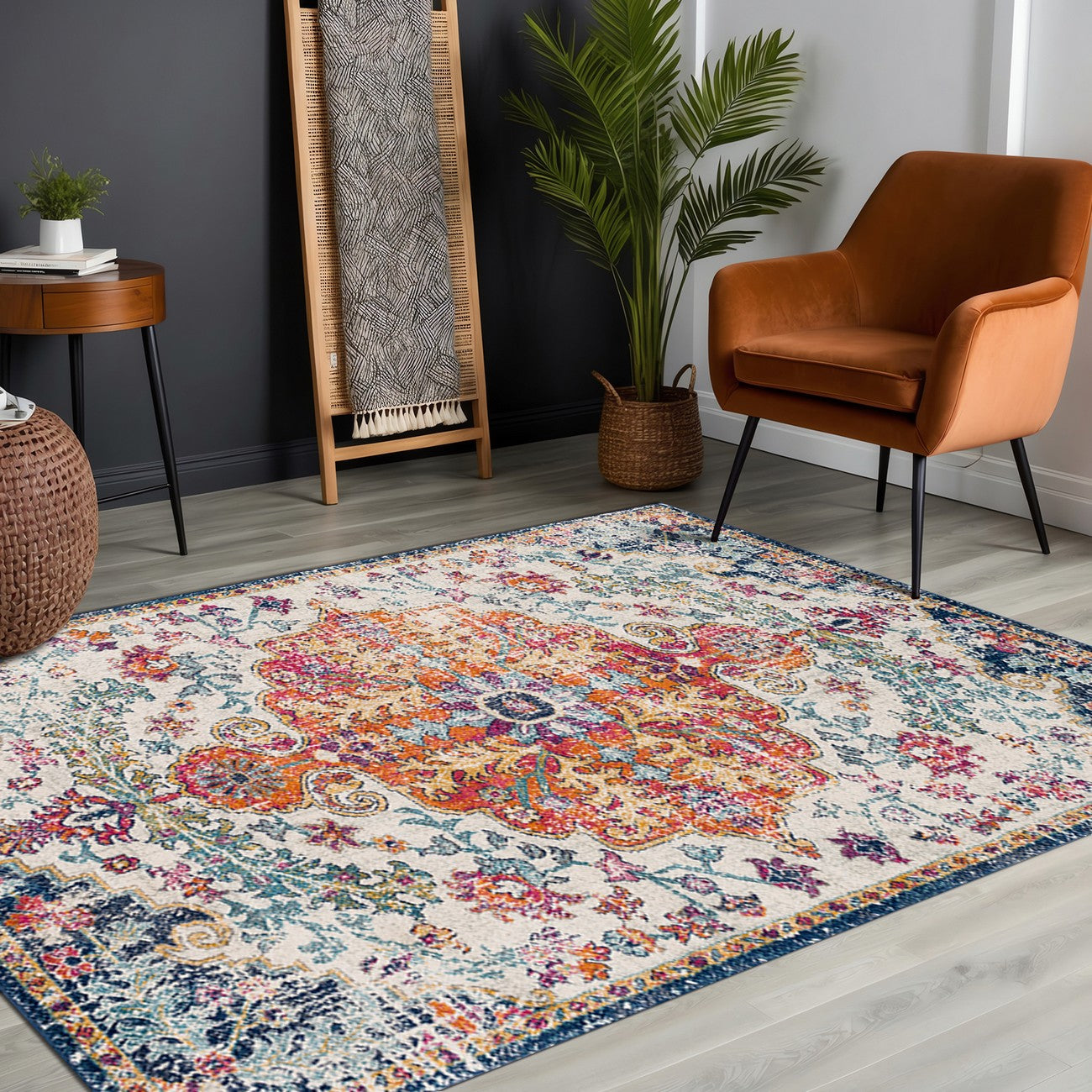 LOU Vintage Oriental Boho Saffron/Navy Area Rug Roomscene