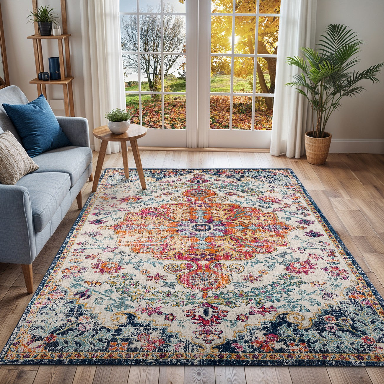 LOU Vintage Oriental Boho Saffron/Navy Area Rug Roomscene