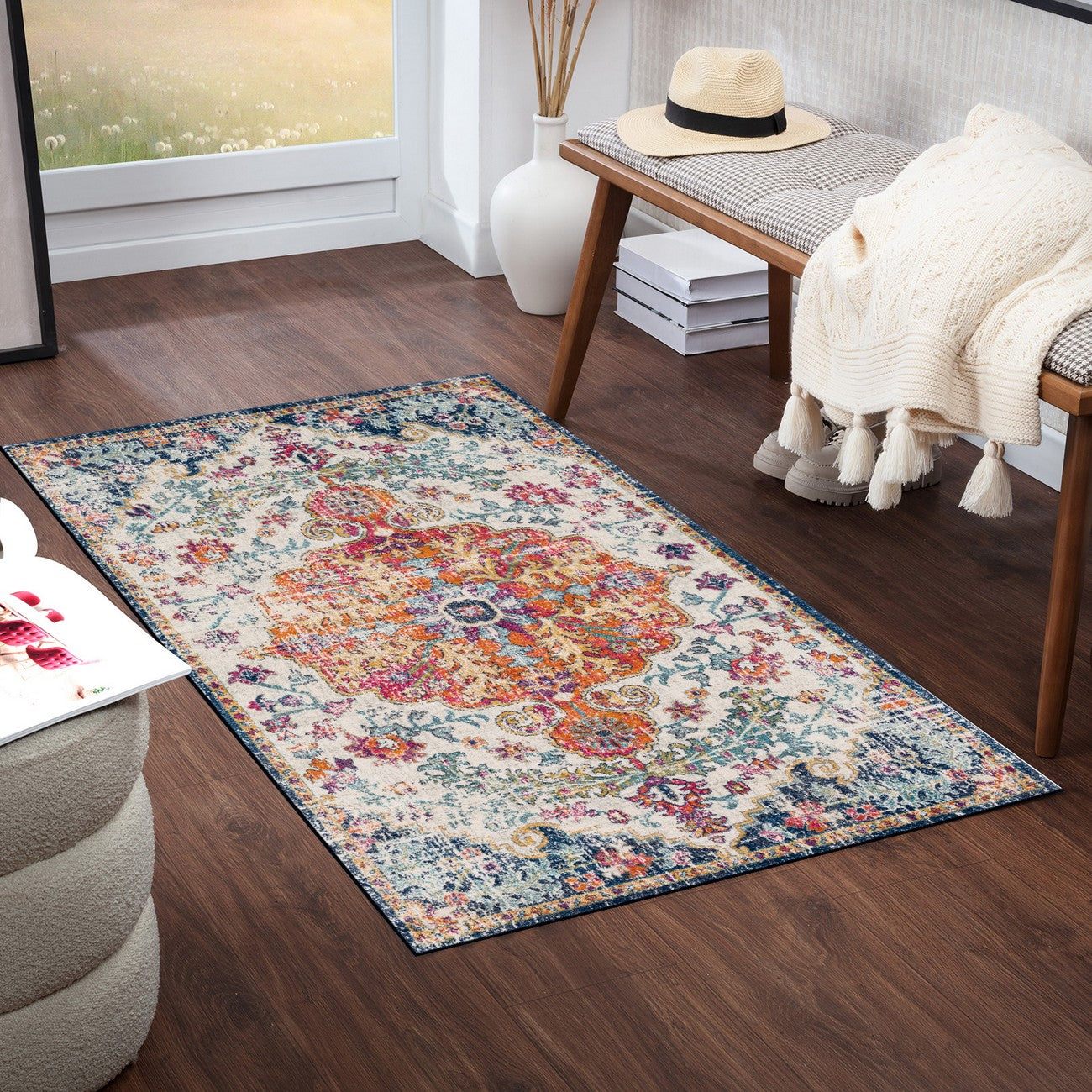 LOU Vintage Oriental Boho Saffron/Navy Area Rug Roomscene