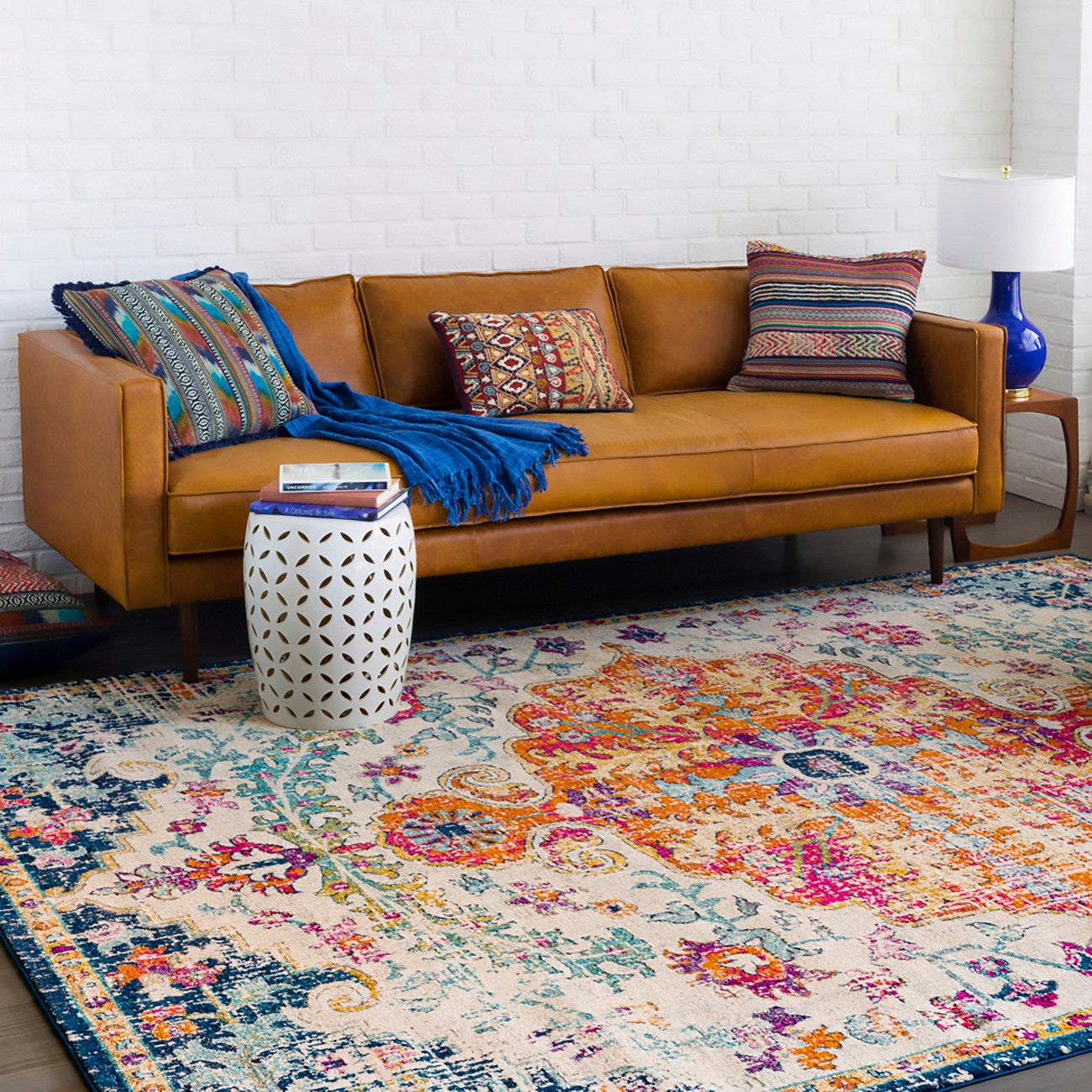 LOU Vintage Oriental Boho Saffron/Navy Area Rug Roomscene