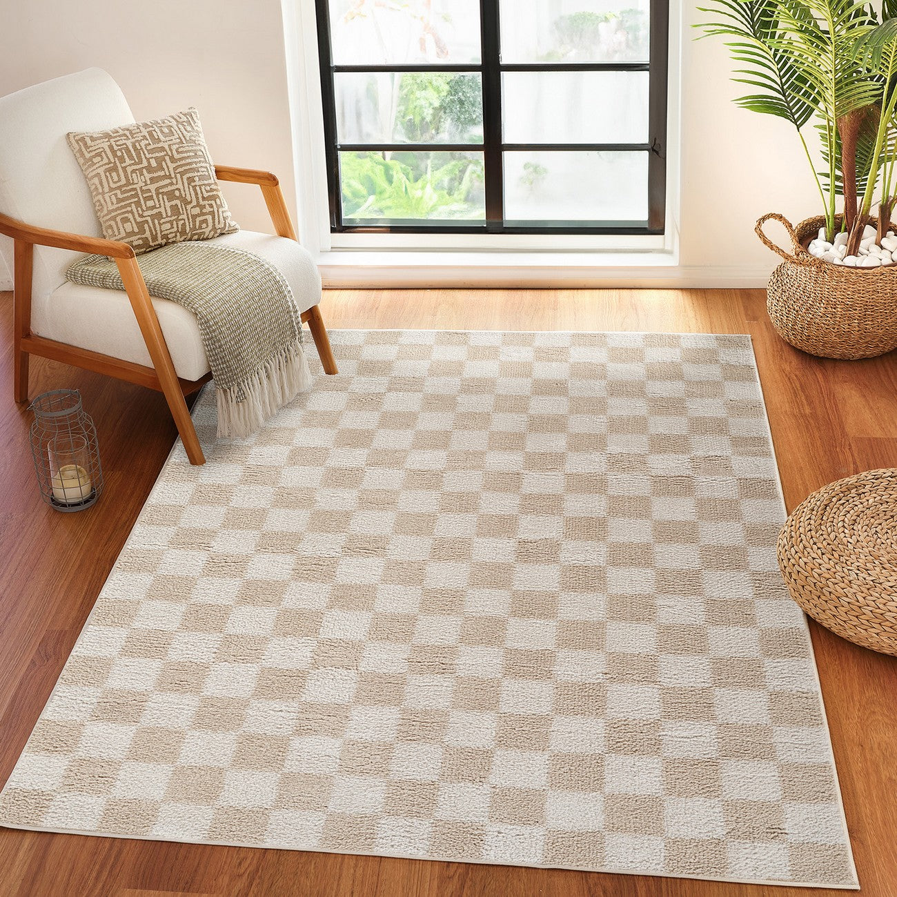 IZALINE Machine Washable Modern Shaggy Beige Area Rug Roomscene