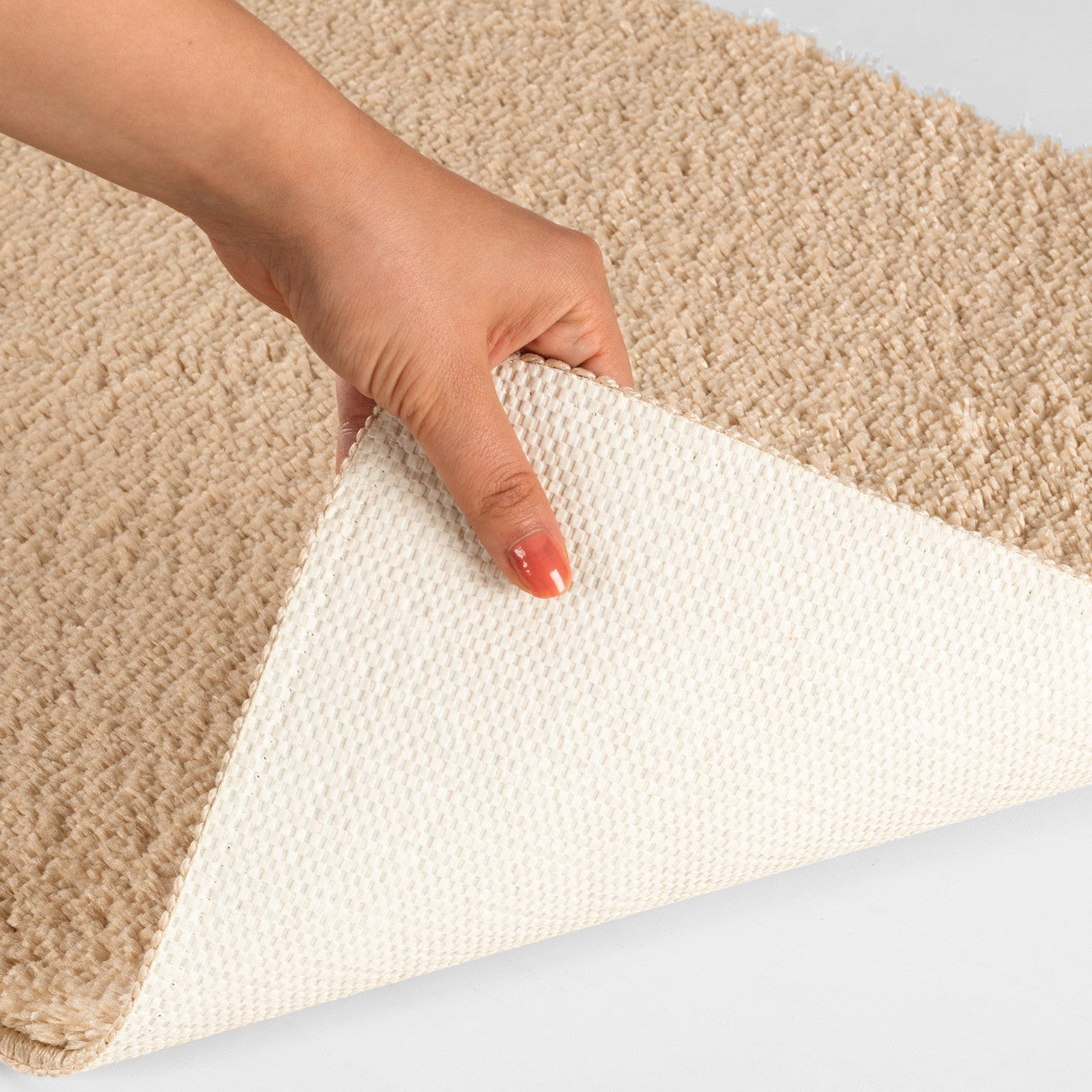 JUNE Machine Washable Non-Slip Beige Bathroom Rug Corner