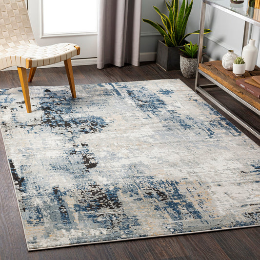 LENA Abstract Modern Marble Denim Area Rug Roomscene