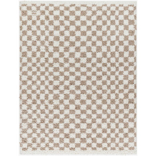 KITTU Shaggy Modern Plush Pile Light Brown Checkered Area Rug Flat