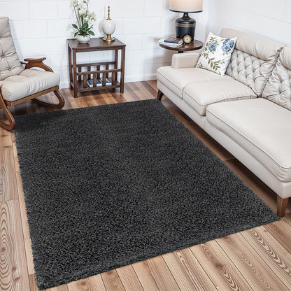 LILLY Shaggy Solid Color Plush Pile Dark Grey Area Rug Roomscene