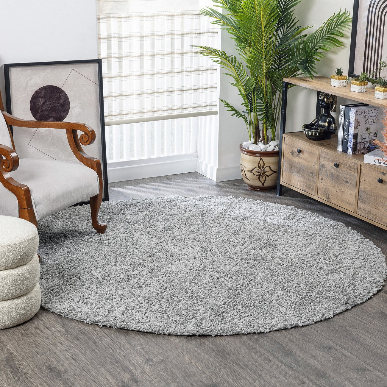 LILLY Shaggy Solid Color Plush Pile Grey Area Rug Roomscene