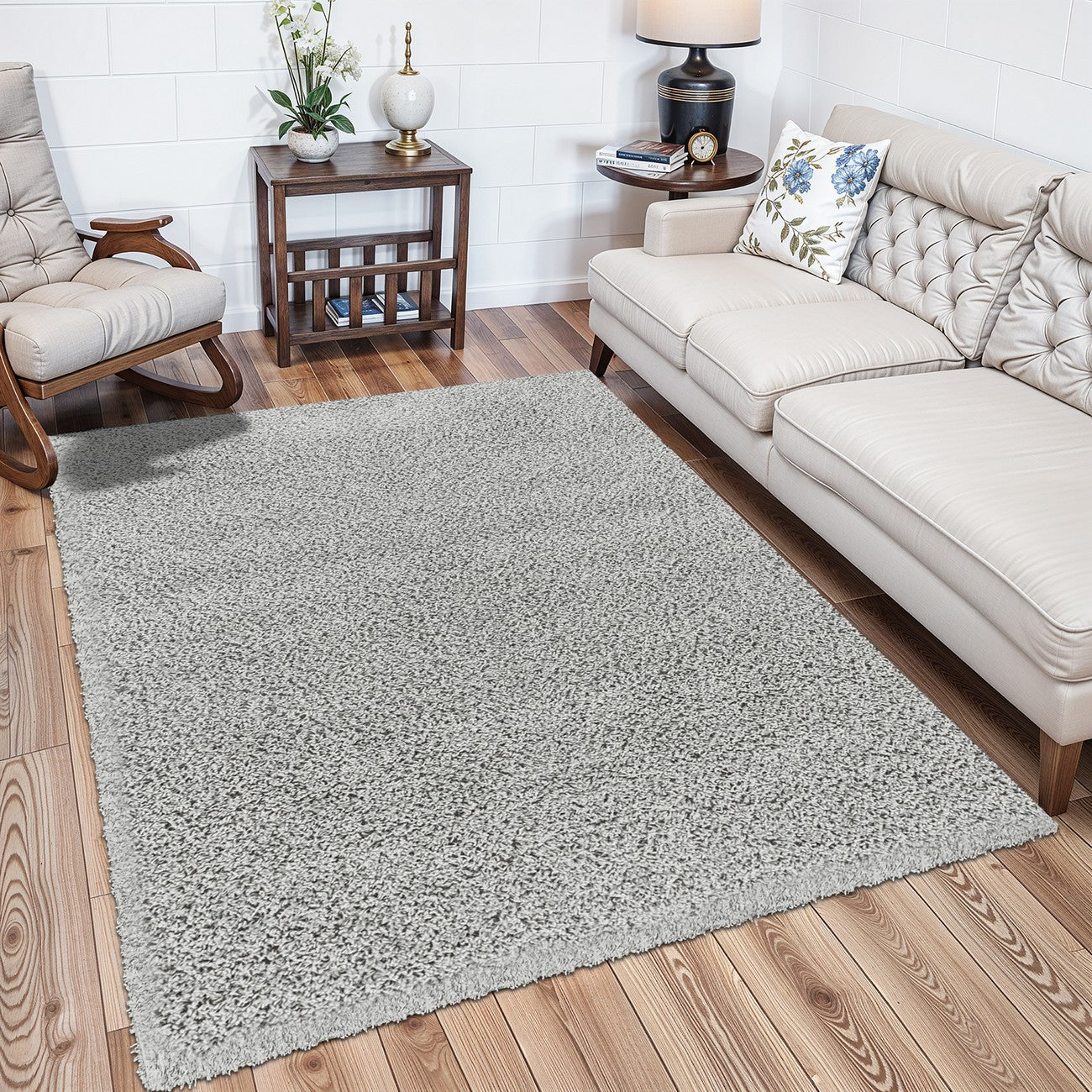 LILLY Shaggy Solid Color Plush Pile Grey Area Rug Roomscene