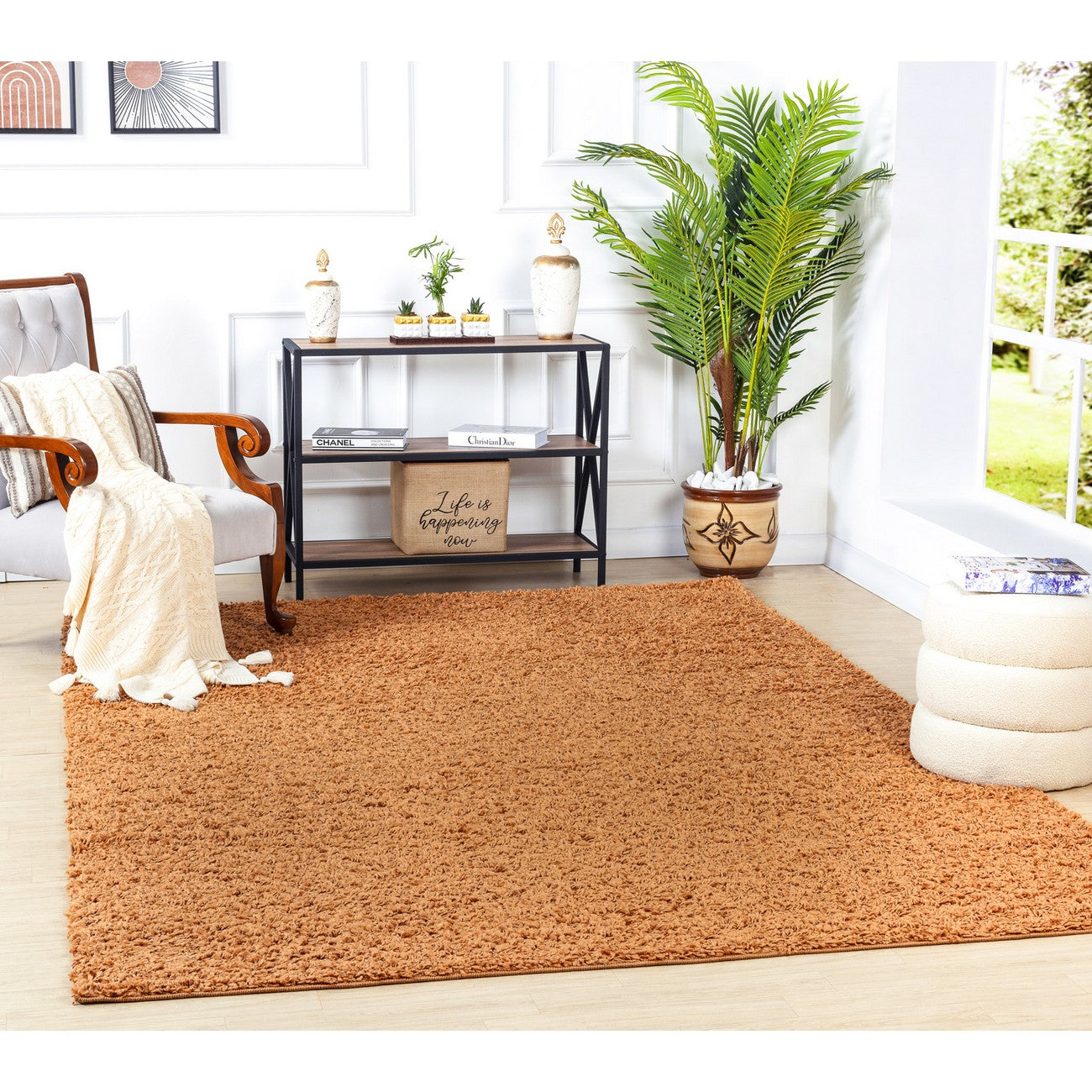 LILLY Shaggy Solid Color Plush Pile Terracotta Area Rug Roomscene