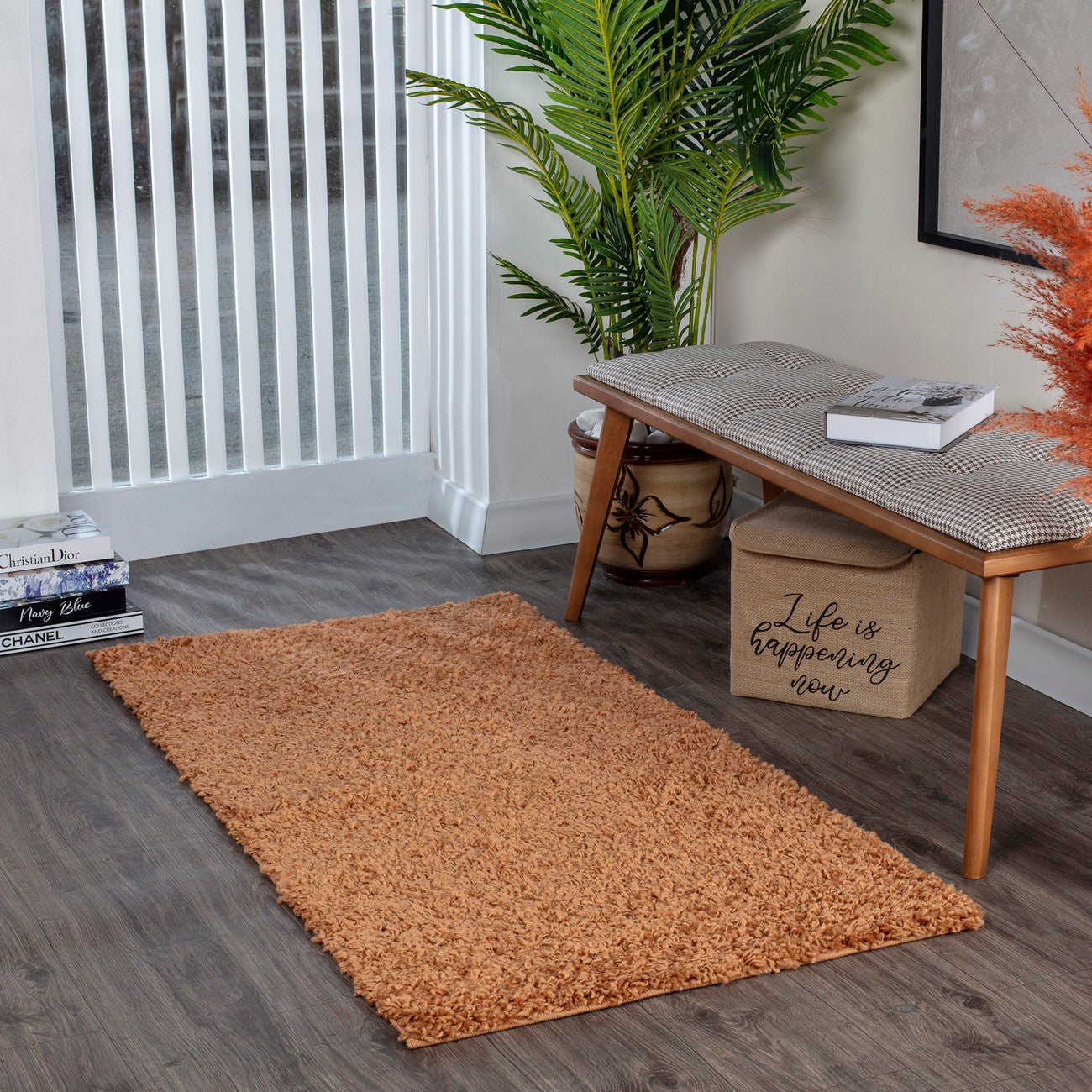 LILLY Shaggy Solid Color Plush Pile Terracotta Area Rug Roomscene