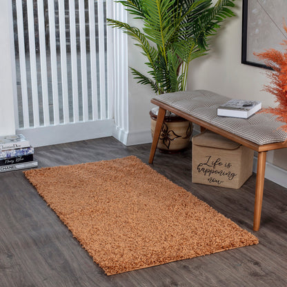 LILLY Shaggy Solid Color Plush Pile Terracotta Area Rug Roomscene