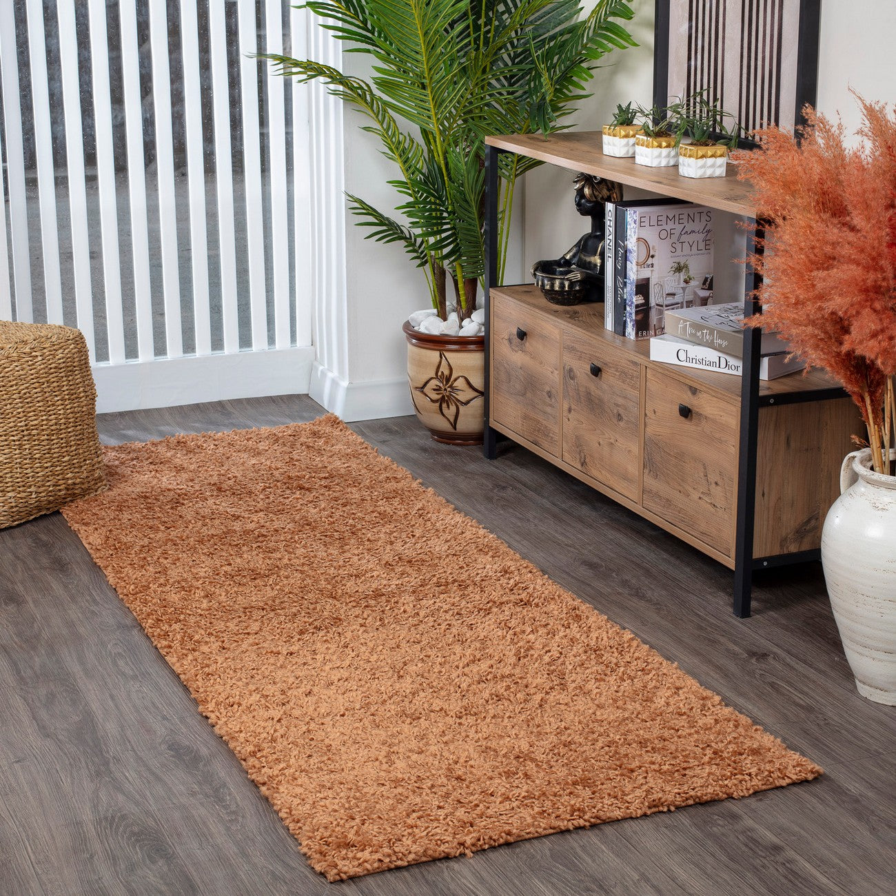 LILLY Shaggy Solid Color Plush Pile Terracotta Area Rug Roomscene