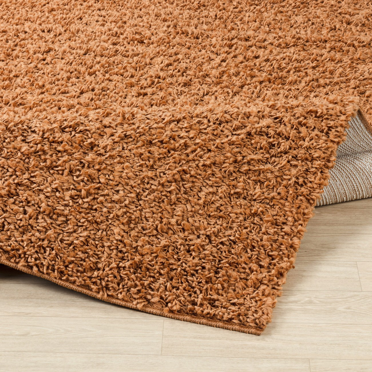 LILLY Shaggy Solid Color Plush Pile Terracotta Area Rug Fold