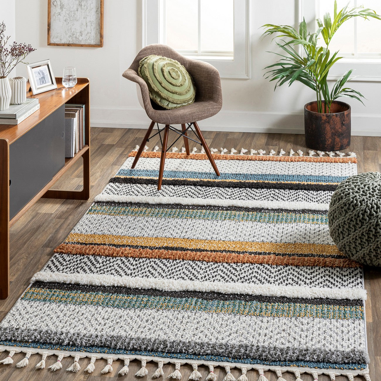 LUCIANA Shaggy Modern Boho Plush Pile Cream Area Rug