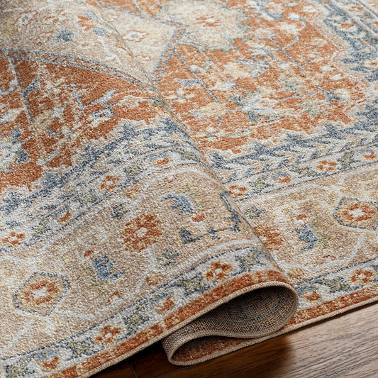 BOKA Machine Washable Traditional Boho Burnt Orange Area Rug Fold
