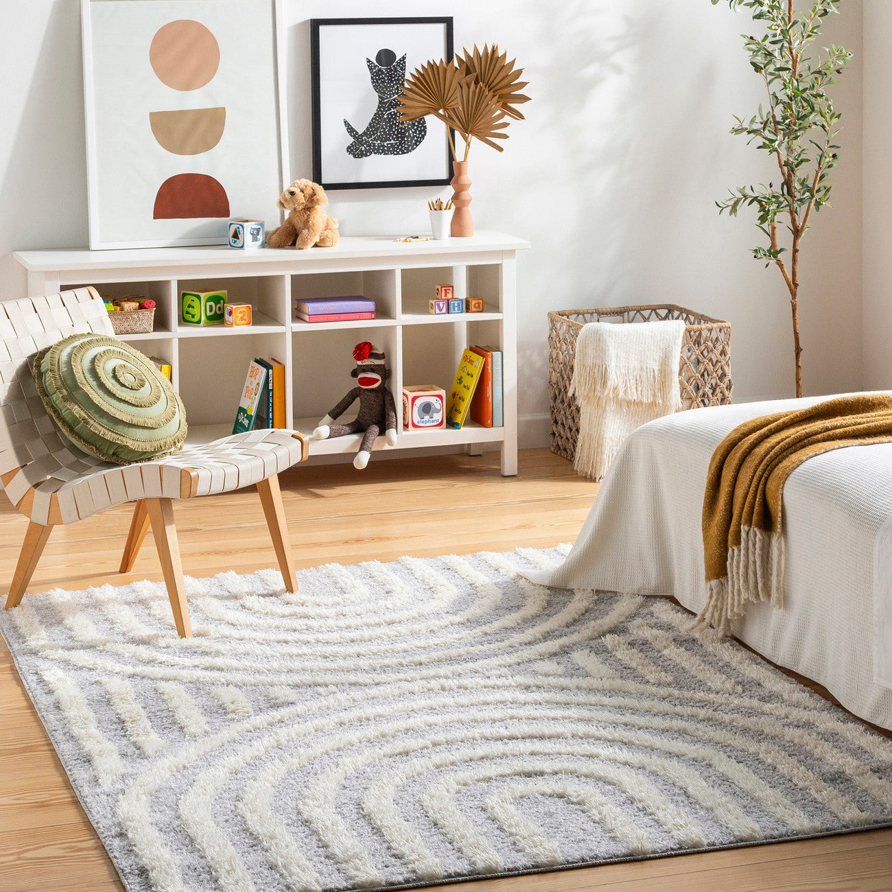 MARAVA Shaggy Modern Plush Pile Grey Area Rug Roomscene