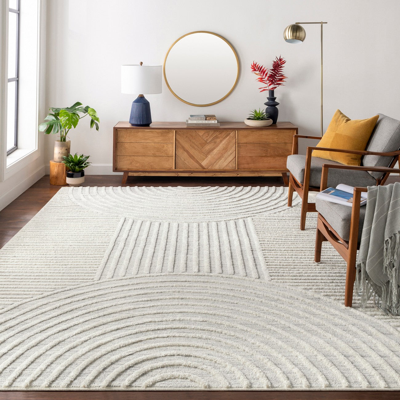 MATILDA Scandi Modern High Pile Ivory/Grey Area Rug Roomscene