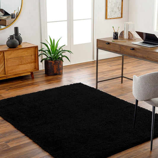 SOSO Round Shaggy Solid Color Plush Pile Black Area Rug Black Roomscene